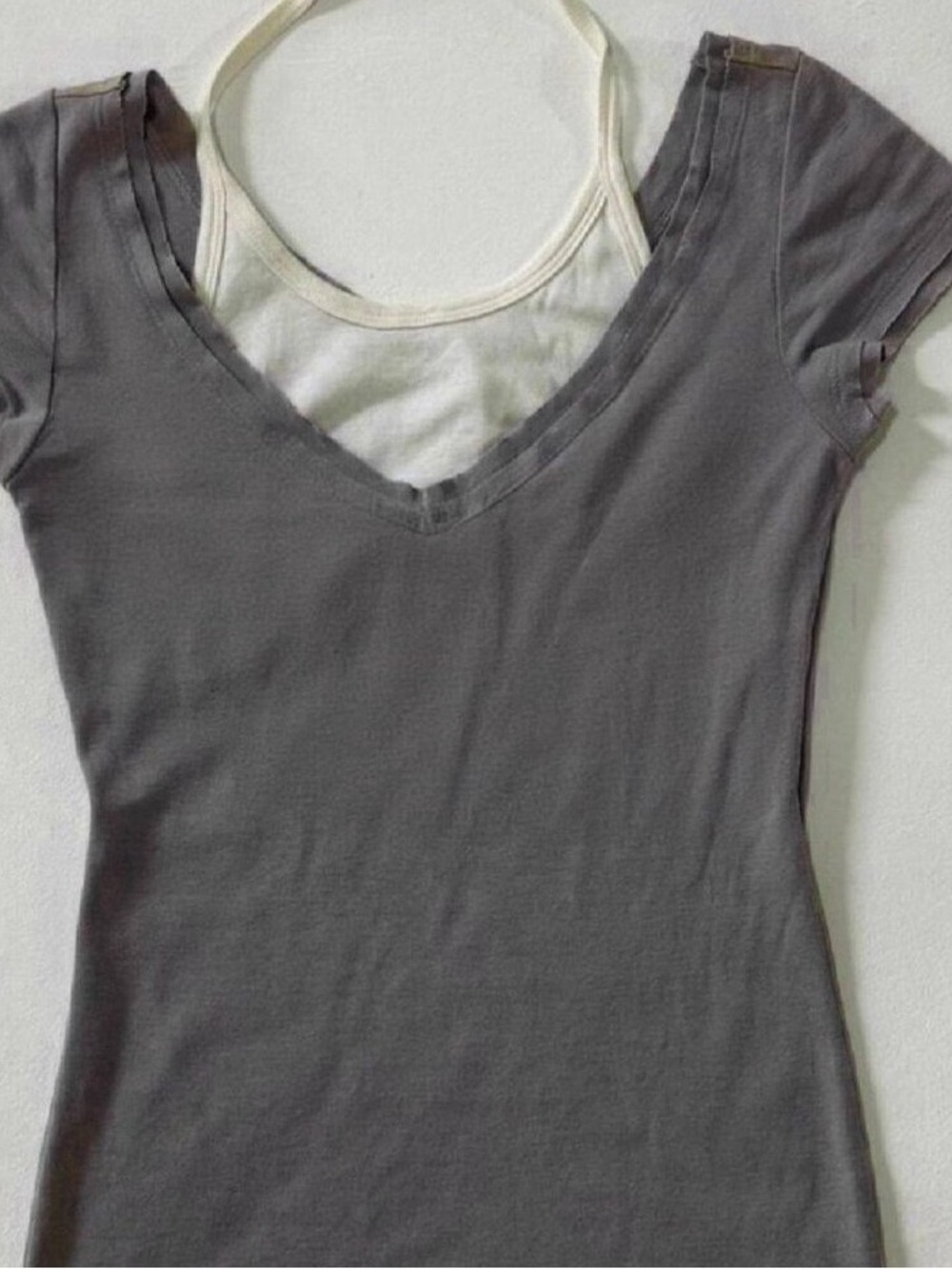 Gray V-Neck Short Sleeve Top with Cream Tank Layer